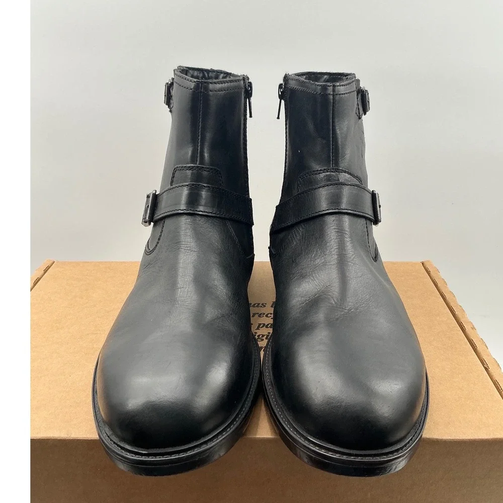 Steve Madden Mens Black Leather Harness Ankle Boots Buckle Zip Biker Style